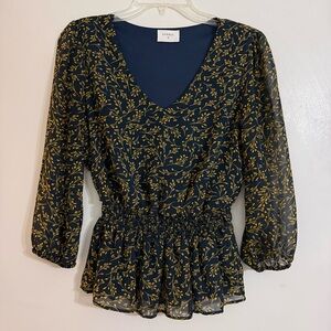 Navy and Gold Leaf Print Blouse